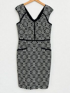 Adrianna Papell Black White Geometric Sheath Dress Size 10 Pockets